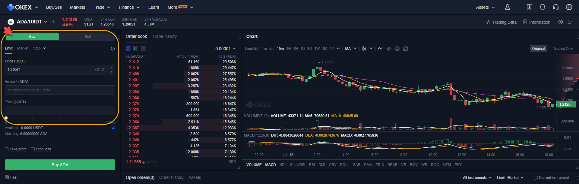 شراء عملة ADA عبر منصة OKEx