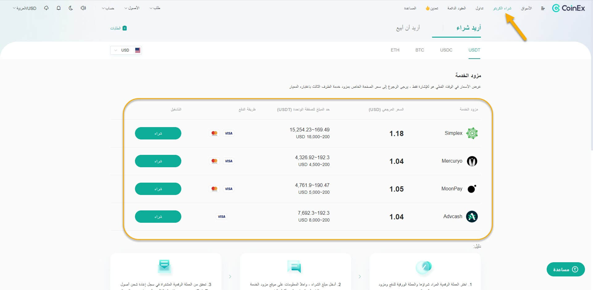 شراء USDT ببطاقة بنكية